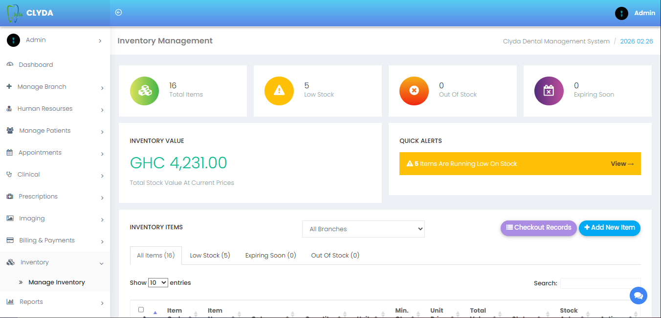 TechWaiv dental system inventory management screen